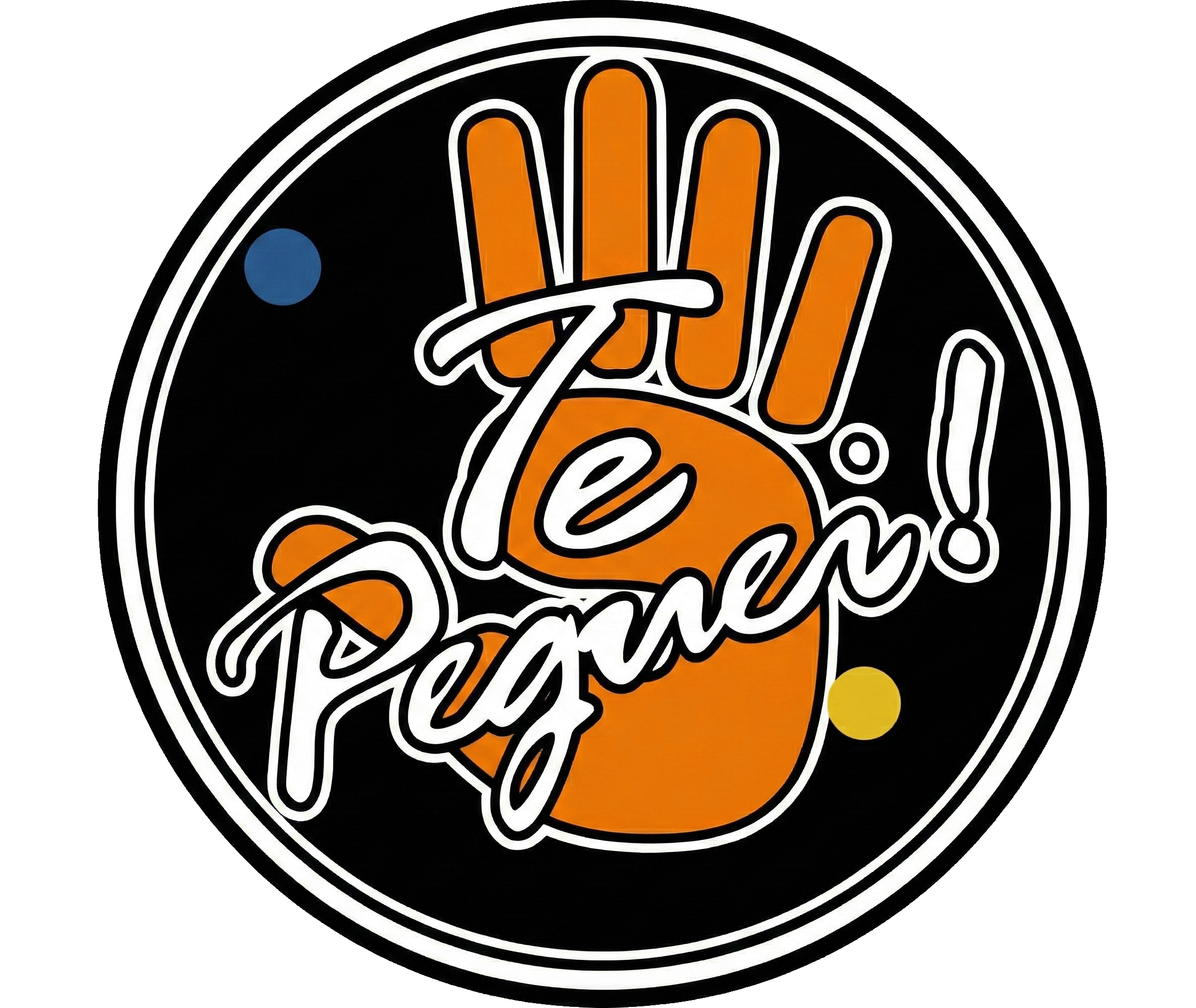 Logo circular com mão laranja e texto Te Peguei
